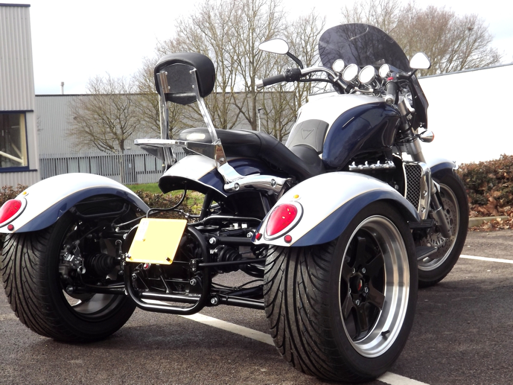 Casarva Triumph Rocket 111 shaft drive IRS trike with reverse gearbox, raked triple trees, , Outlaw Short Exhausts