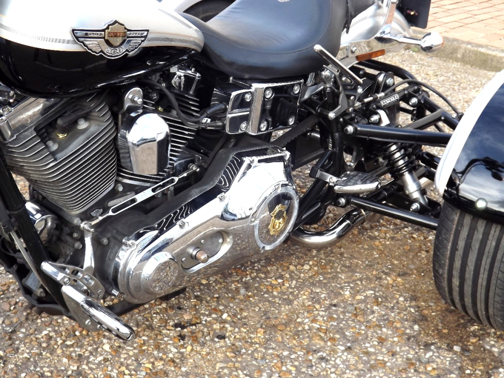 Casarva Harley Davidson Dyna FXDL Trike with our Independent rear suspension (IRS), reverse, raked front forks, twin stainless exhausts and Casarva Tall Custom Sissy Bar in mirror polished stainless steel.