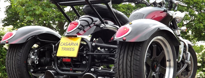 Casarva Triumph Rocket 111 Trike with reverse gearbox, raked front forks, Casarva custom rack and Casarva stainless rerouted twin exhausts. #casarva