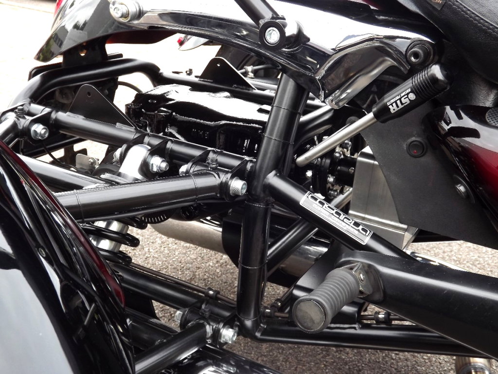Casarva Triumph Rocket 111 Trike with reverse gearbox, raked front forks, Casarva custom rack and Casarva stainless rerouted twin exhausts. #casarva