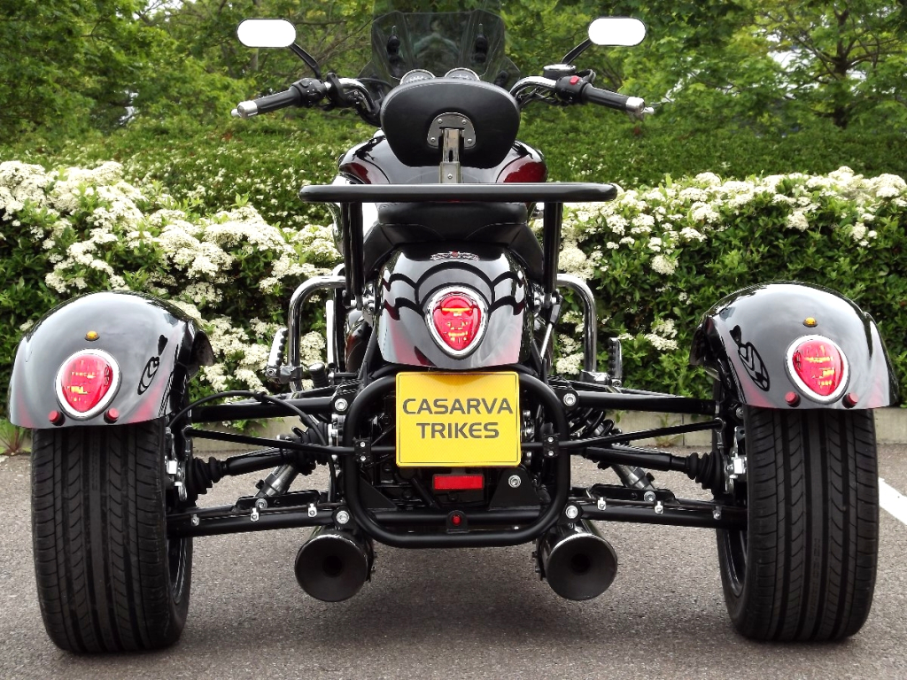 Casarva Triumph Rocket 111 Trike with reverse gearbox, raked front forks, Casarva custom rack and Casarva stainless rerouted twin exhausts. #casarva