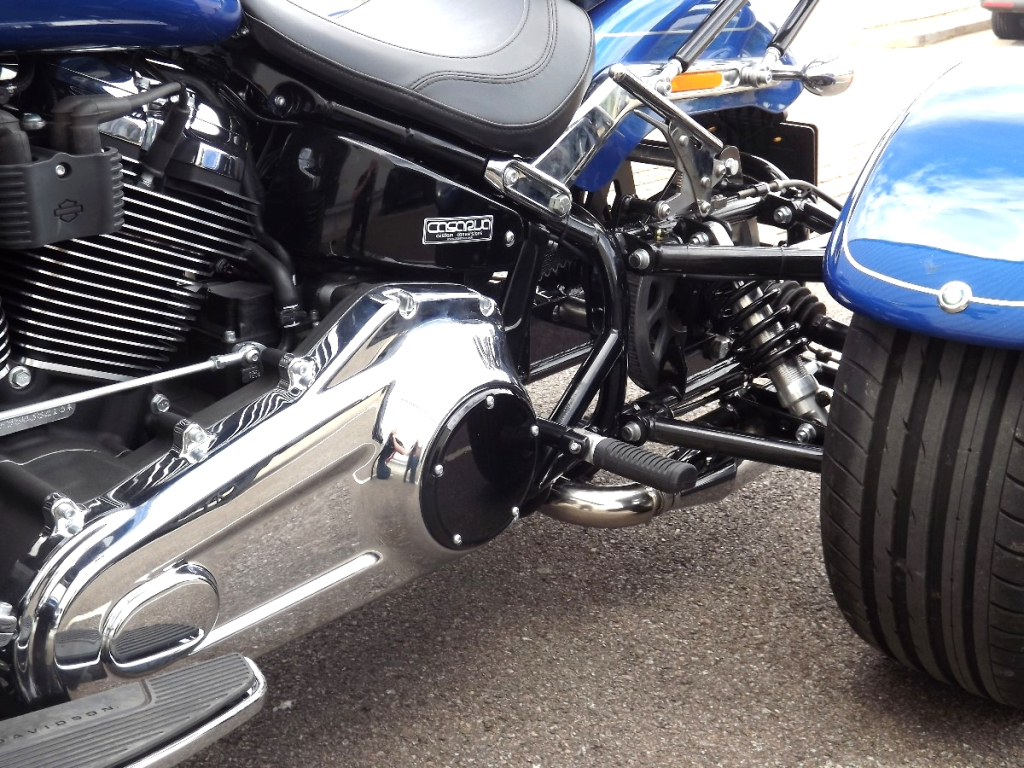 Casarva Harley Davidson FLFB Fat Boy 117 engine trike with reverse, dual exhaust and custom rack with sissy bar