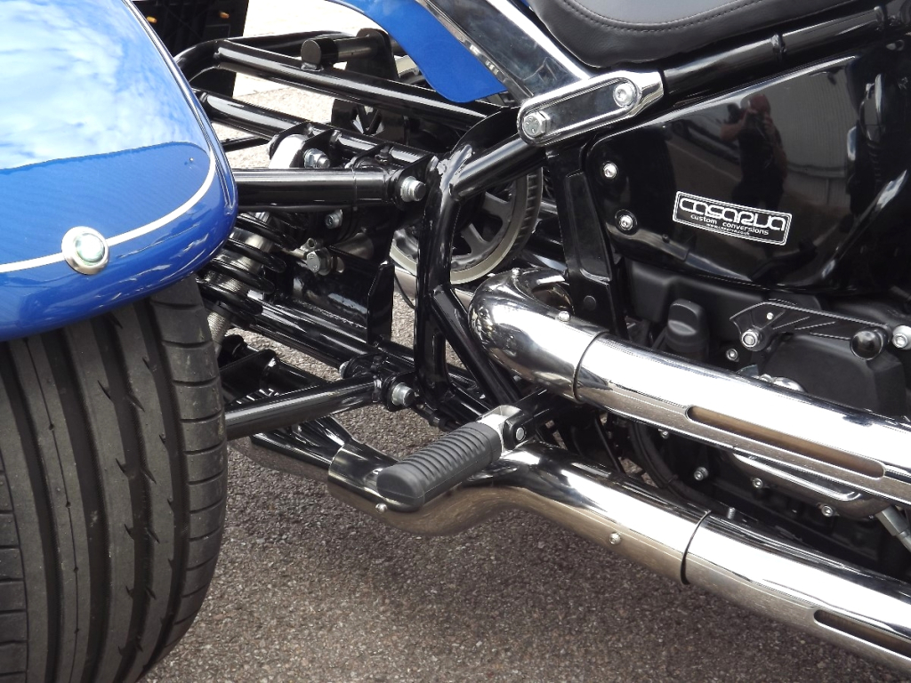 Casarva Harley Davidson FLFB Fat Boy 117 engine trike with reverse, dual exhaust and custom rack with sissy bar