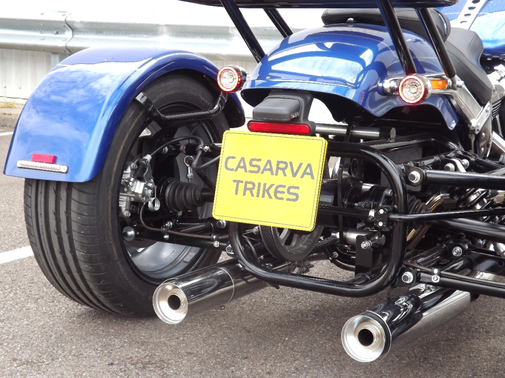 Casarva Harley Davidson FLFB Fat Boy 117 engine trike with reverse, dual exhaust and custom rack with sissy bar