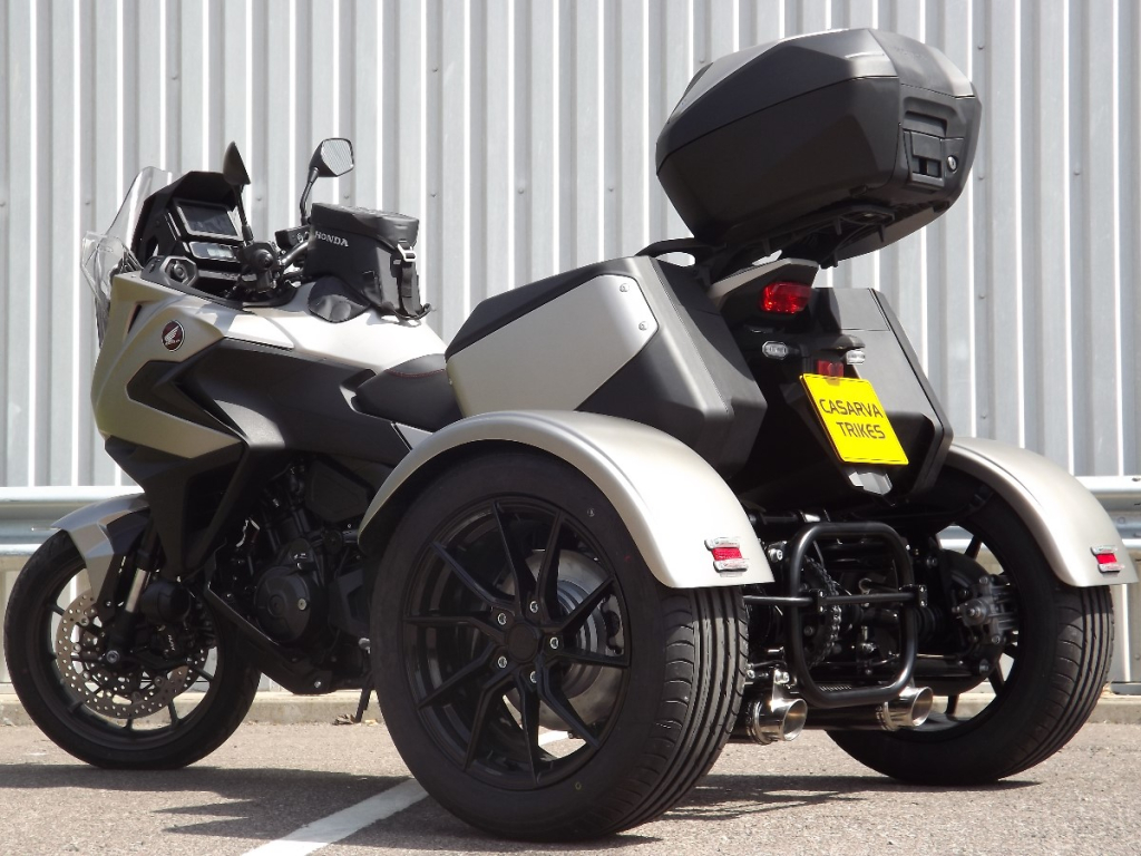 Casarva Honda NT1100 DCT Automatic gearbox IRS trike with chain drive reverse gearbox and Casarva twin stainless steel exhaust reroute with carbon silencers and full luggage