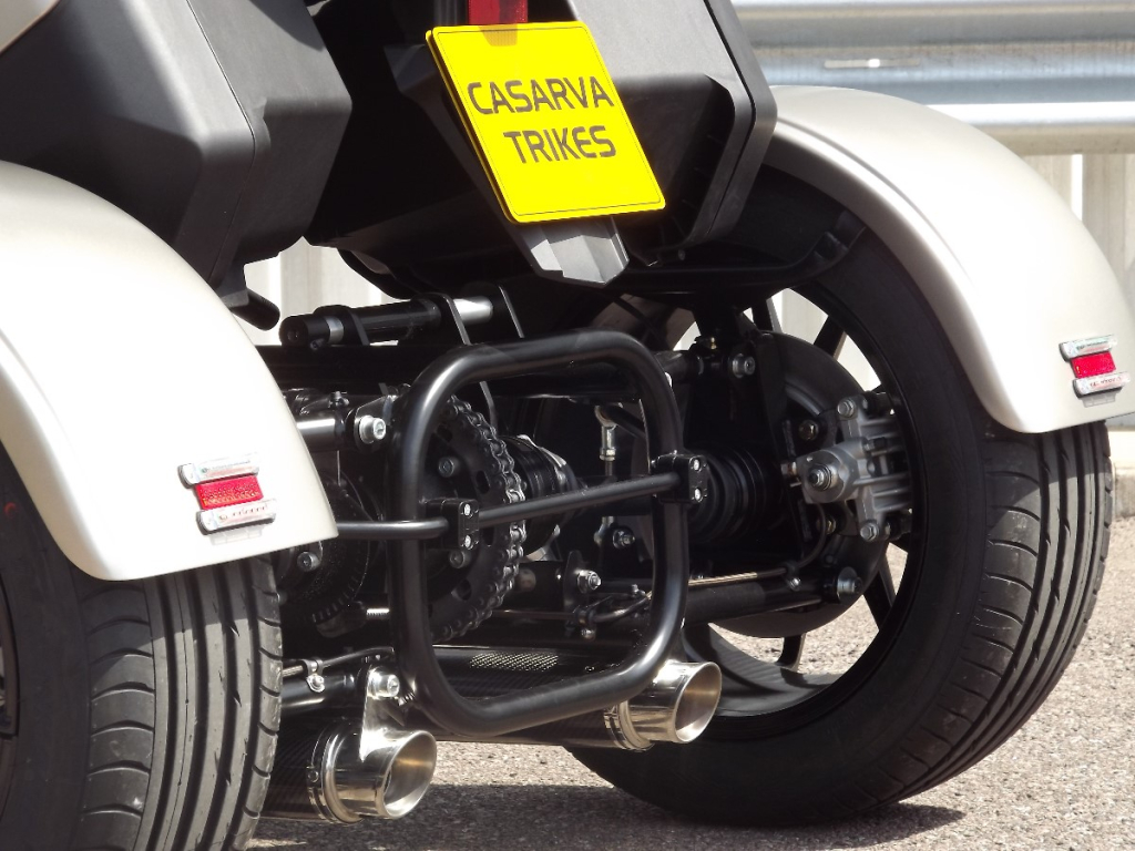 Casarva Honda NT1100 DCT Automatic gearbox IRS trike with chain drive reverse gearbox and Casarva twin stainless steel exhaust reroute with carbon silencers and full luggage