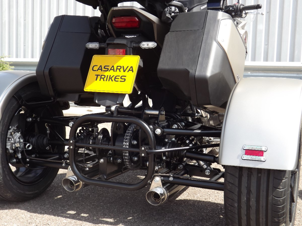 Casarva Honda NT1100 DCT Automatic gearbox IRS trike with chain drive reverse gearbox and Casarva twin stainless steel exhaust reroute with carbon silencers and full luggage