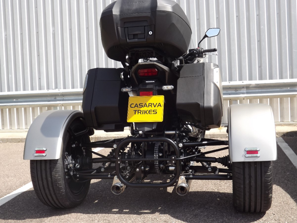 Casarva Honda NT1100 DCT Automatic gearbox IRS trike with chain drive reverse gearbox and Casarva twin stainless steel exhaust reroute with carbon silencers and full luggage