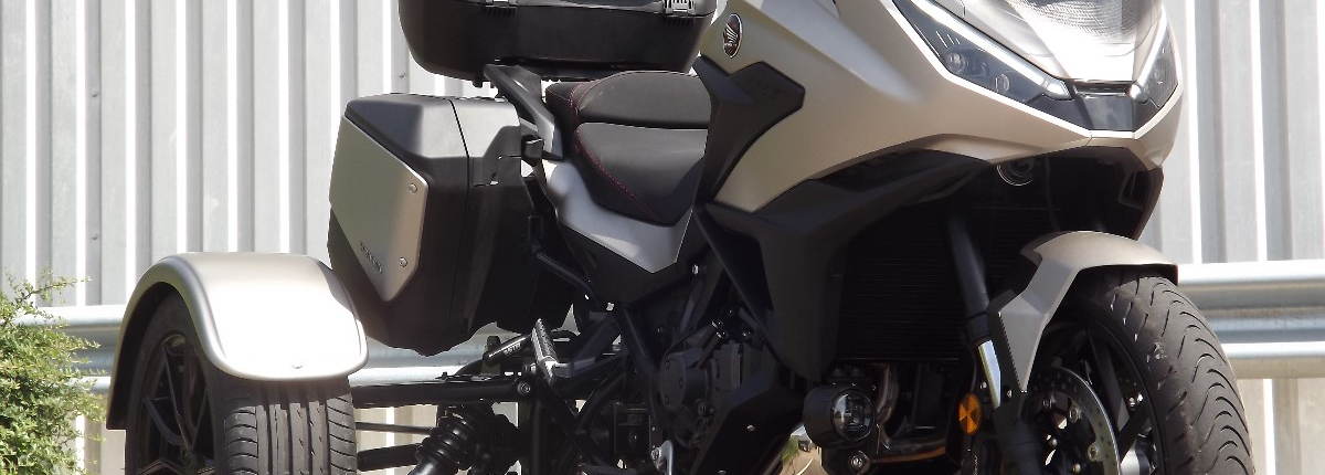 Casarva Honda NT1100 DCT Automatic gearbox IRS trike with chain drive reverse gearbox and Casarva twin stainless steel exhaust reroute with carbon silencers and full luggage