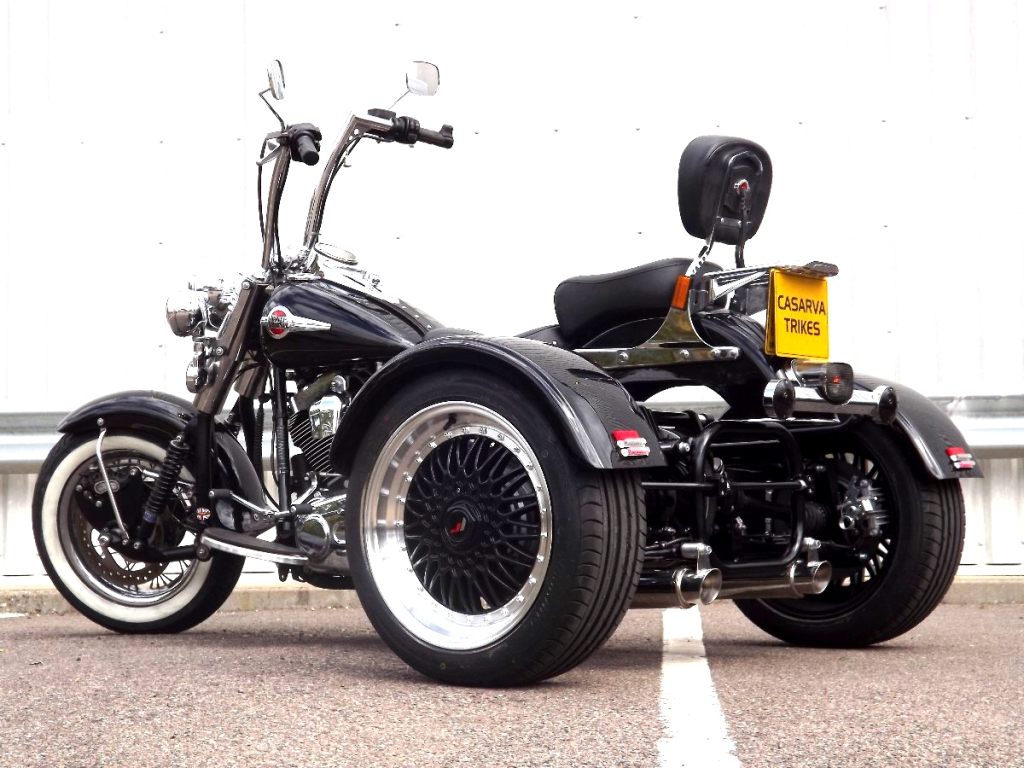 Casarva Harley Davidson Softail Classic belt drive IRS trike with reverse gearbox and custom dual stainless exhausts
