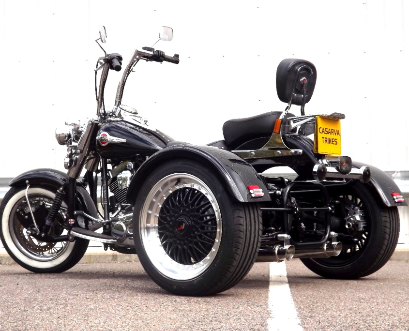 Casarva Harley Davidson Softail Classic belt drive IRS trike with reverse gearbox and custom dual stainless exhausts