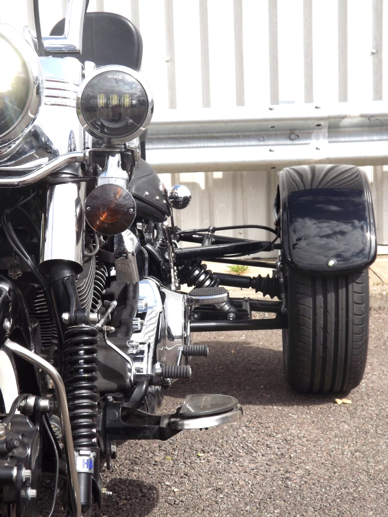Casarva Harley Davidson Softail Classic belt drive IRS trike with reverse gearbox and custom dual stainless exhausts