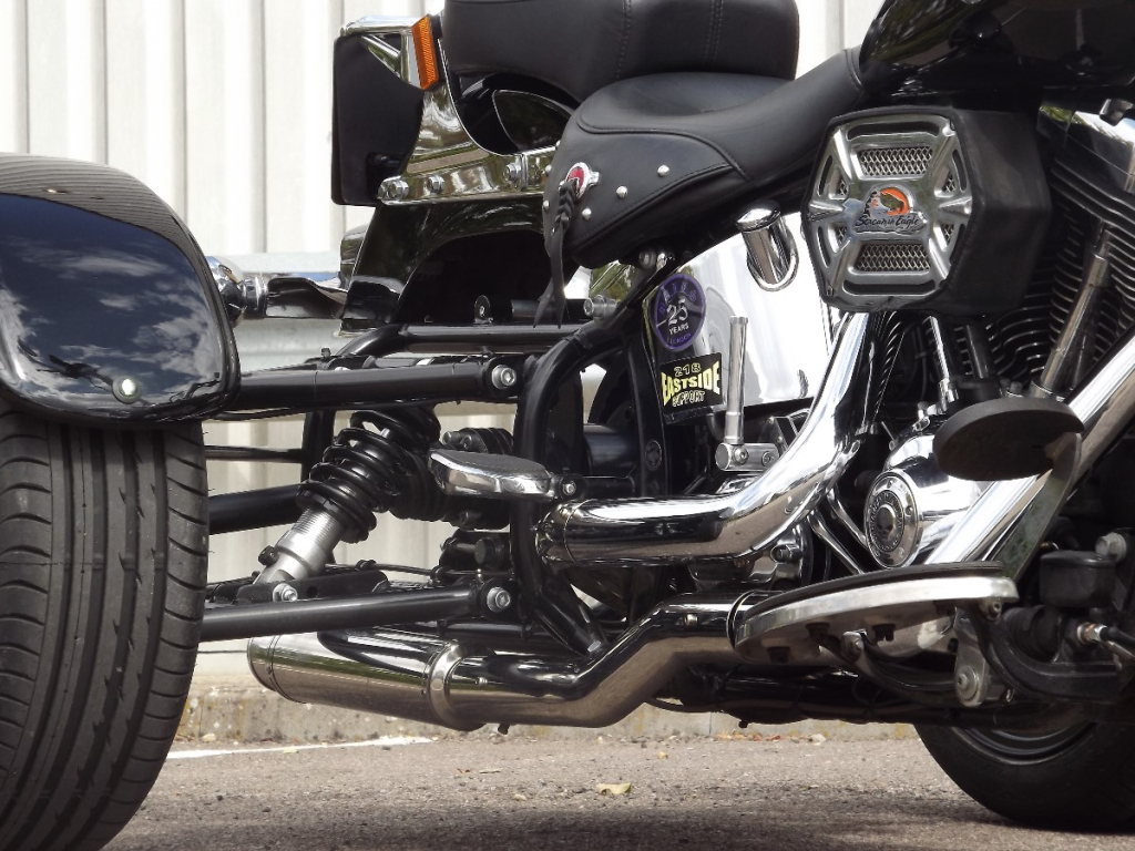 Casarva Harley Davidson Softail Classic belt drive IRS trike with reverse gearbox and custom dual stainless exhausts