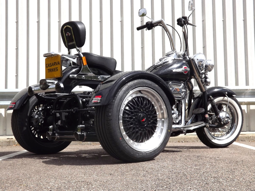 Casarva Harley Davidson Softail Classic belt drive IRS trike with reverse gearbox and custom dual stainless exhausts