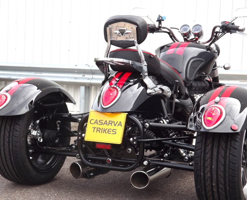 CASARVA TRIUMPH ROCKET 111 ROADSTER IRS TRIKE WITH RAKED FRONT FORKS, CASARVA REVERSE GEARBOX AND MATCHING RED STRIPE PAIN TO THE CASARVA MUDGUARDS