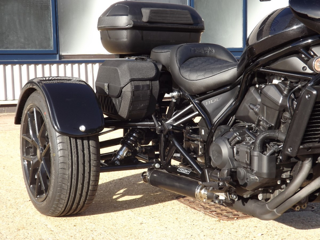 Casarva Honda CMX1100 Rebel DCT independent rear suspension trike with automatic gearbox, Casarva reverse gearbox, Puig batwing screen, Hepco & Becker top case and rack, SW-Motech panniers, stainless exhsust system, Y Spoke alloy wheels.