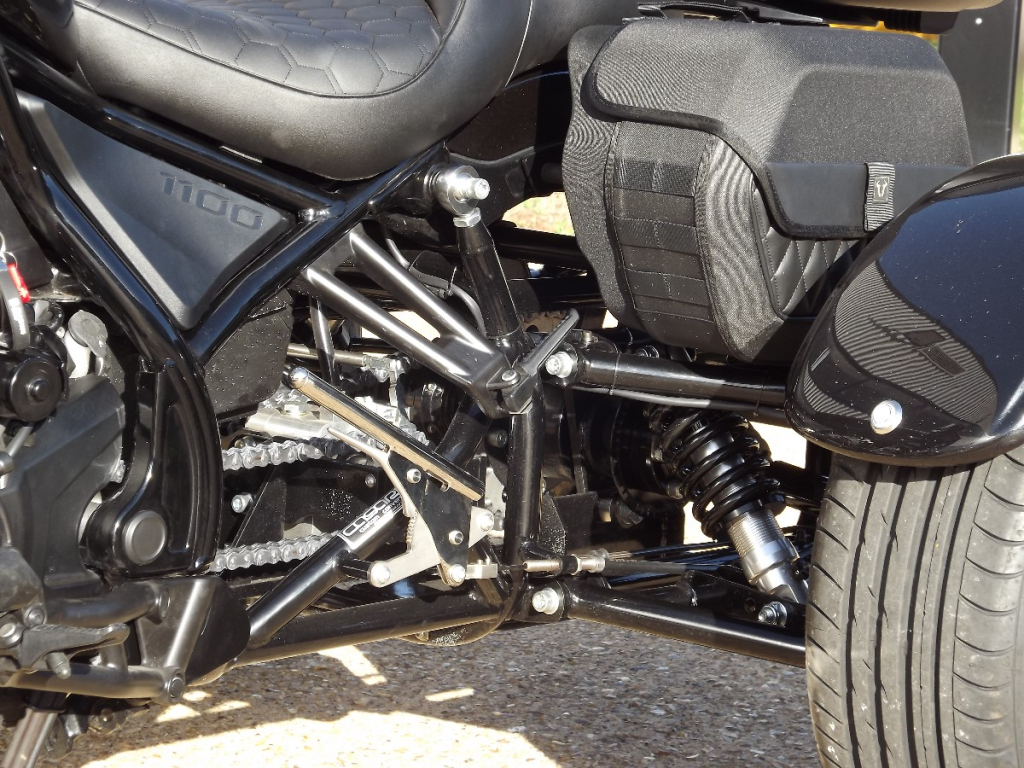 Casarva Honda CMX1100 Rebel DCT independent rear suspension trike with automatic gearbox, Casarva reverse gearbox, Puig batwing screen, Hepco & Becker top case and rack, SW-Motech panniers, stainless exhsust system, Y Spoke alloy wheels.
