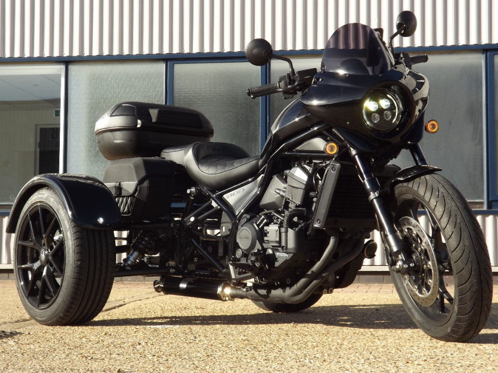 Casarva Honda CMX1100 Rebel DCT independent rear suspension trike with automatic gearbox, Casarva reverse gearbox, Puig batwing screen, Hepco & Becker top case and rack, SW-Motech panniers, stainless exhsust system, Y Spoke alloy wheels.
